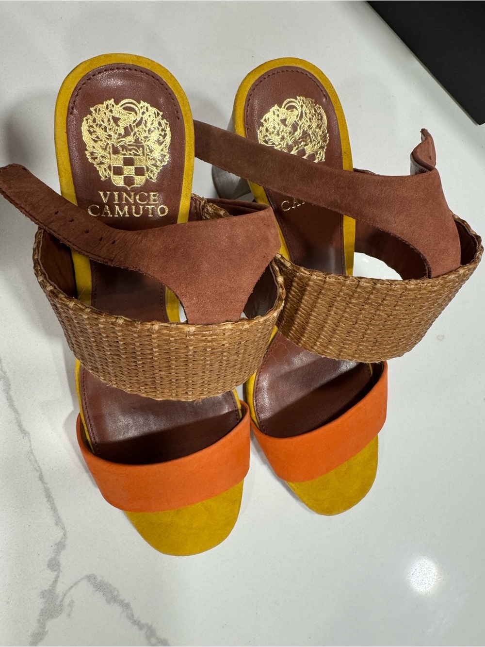 Vince Camuto Brown, Orange & Yellow Suede Wedge Sandals